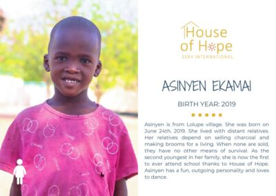 Portrait of Asinyen Ekamai, born in 2019, standing outside. The image includes text about her background and challenges, presented by House of Hope SERV International.