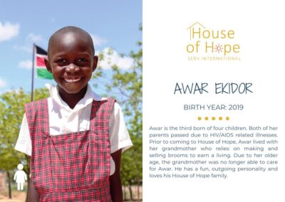Portrait of Awar Ekidor, born in 2019, standing outside. The image includes text about her background and challenges, presented by House of Hope SERV International.