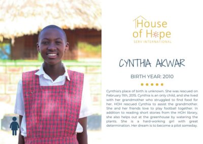Portrait of Cynthia Akwar, born in 2010, standing outside. The image includes text about her background and challenges, presented by House of Hope SERV International.