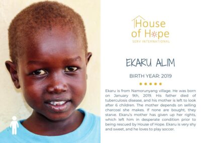 Portrait of Ekaru Alim, born in 2019, standing outside. The image includes text about her background and challenges, presented by House of Hope SERV International.