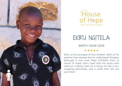 Portrait of Ekiru Ngitela, born in 2019, standing outside. The image includes text about her background and challenges, presented by House of Hope SERV International.