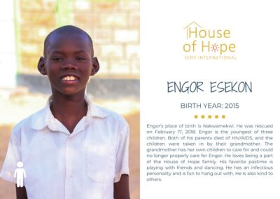 Portrait of Engor Esekon, born in 2015, standing outside. The image includes text about her background and challenges, presented by House of Hope SERV International.