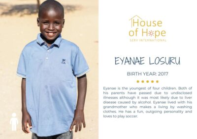 Portrait of Eyanae Losuru, born in 2017, standing outside. The image includes text about her background and challenges, presented by House of Hope SERV International.