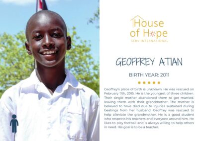 Portrait of Geoffrey Atian, born in 2011, standing outside. The image includes text about her background and challenges, presented by House of Hope SERV International.