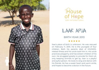 Portrait of Illar Apua, born in 2013, standing outside. The image includes text about her background and challenges, presented by House of Hope SERV International.
