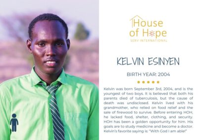 Portrait of Kelvin Esinyen, born in 2004, standing outside. The image includes text about her background and challenges, presented by House of Hope SERV International.