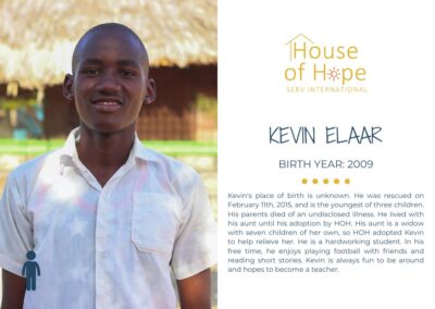 Portrait of Kevin Elaar, born in 2009, standing outside. The image includes text about her background and challenges, presented by House of Hope SERV International.