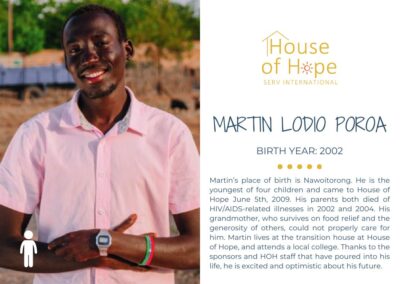 Portrait of Martin Lodio Poroa, born in 2002, standing outside and wearing a colorful dress. The image includes text about her background and challenges, presented by House of Hope SERV International.