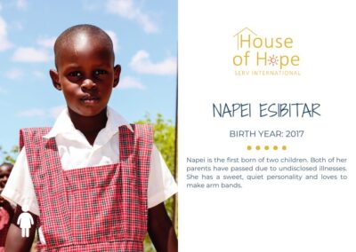Portrait of Napei Esibitar, born in 2017, standing outside and wearing a colorful dress. The image includes text about her background and challenges, presented by House of Hope SERV International.