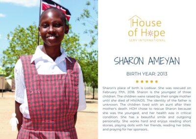 Portrait of Sharon Ameyan, born in 2013, standing outside and wearing a colorful dress. The image includes text about her background and challenges, presented by House of Hope SERV International.
