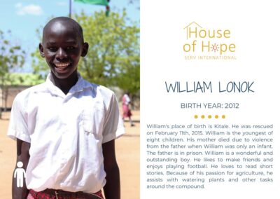 Portrait of William Lonok, born in 2012, standing outside and wearing a colorful dress. The image includes text about her background and challenges, presented by House of Hope SERV International.