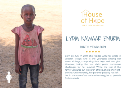 Portrait of Lydia Nawaar Emuria, a young girl born in 2019, standing outside and wearing a pink shirt with a watermelon design. The image includes text about her background and challenges, presented by House of Hope SERV International.