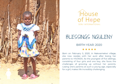 Portrait of Blessings Nguleny, a young girl born in 2020, standing outside and wearing a colorful dress. The image includes text about her background and challenges, presented by House of Hope SERV International.