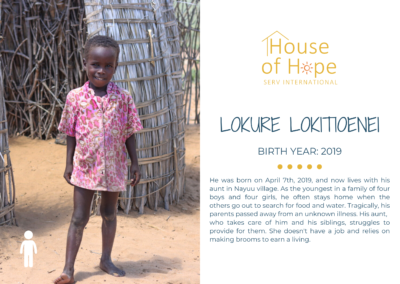 Portrait of Lokure Lokitioenei, born in 2019, standing outside and wearing a dress. The image includes text about her background and challenges, presented by House of Hope SERV International.