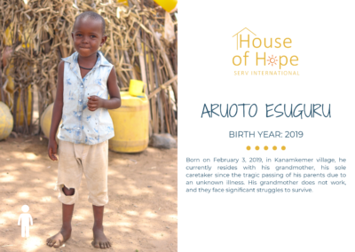 Portrait of Aruoto Esuguru, born in 2019, standing outside and wearing a dress. The image includes text about her background and challenges, presented by House of Hope SERV International.