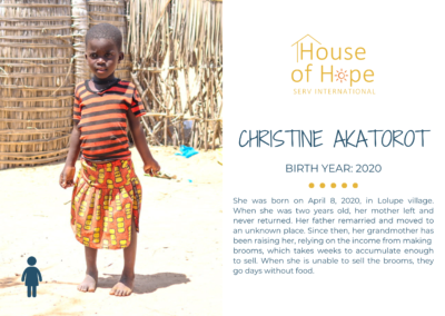 Portrait of Christine Akatorot, a young girl born in 2020, standing outside and wearing a dress. The image includes text about her background and challenges, presented by House of Hope SERV International.