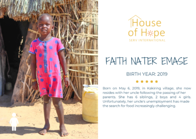 Portrait of Faith Nater Emase, a young girl born in 2019, standing outside and wearing a dress. The image includes text about her background and challenges, presented by House of Hope SERV International.