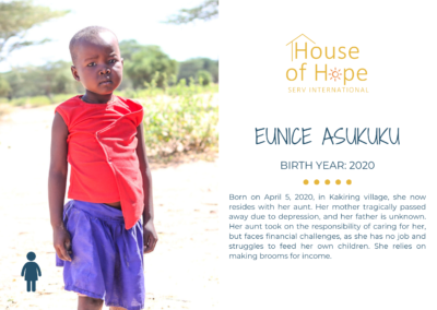 Portrait of Eunice Asukuku, a young girl born in 2020, standing outside and wearing a dress. The image includes text about her background and challenges, presented by House of Hope SERV International.